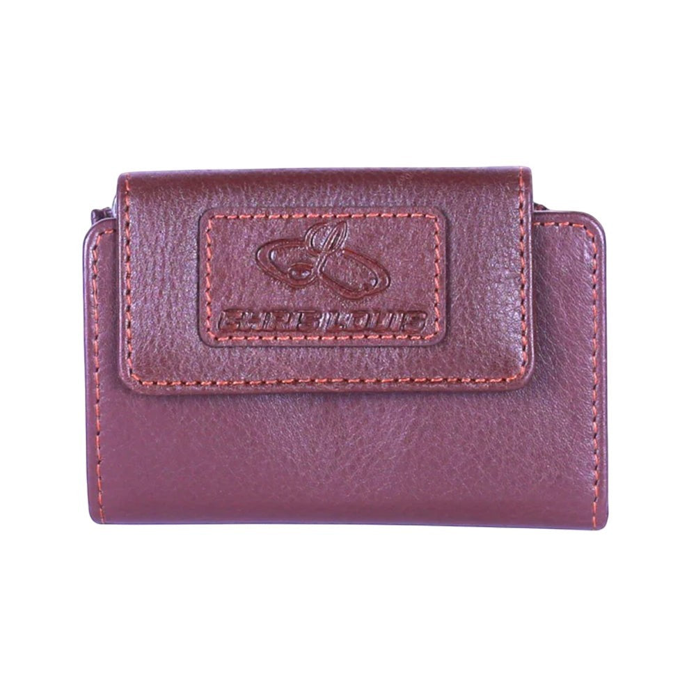 Chris Louis brown genuine leather Kyoto key case with loop closure, 3 card slots, 2 slip pockets, and coin compartment.