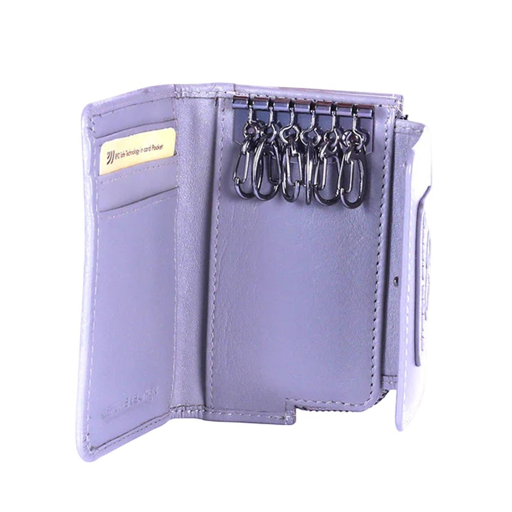 Chris Louis Kyoto Key Case in grey genuine leather with 6 key holders, card slots, and coin compartment.