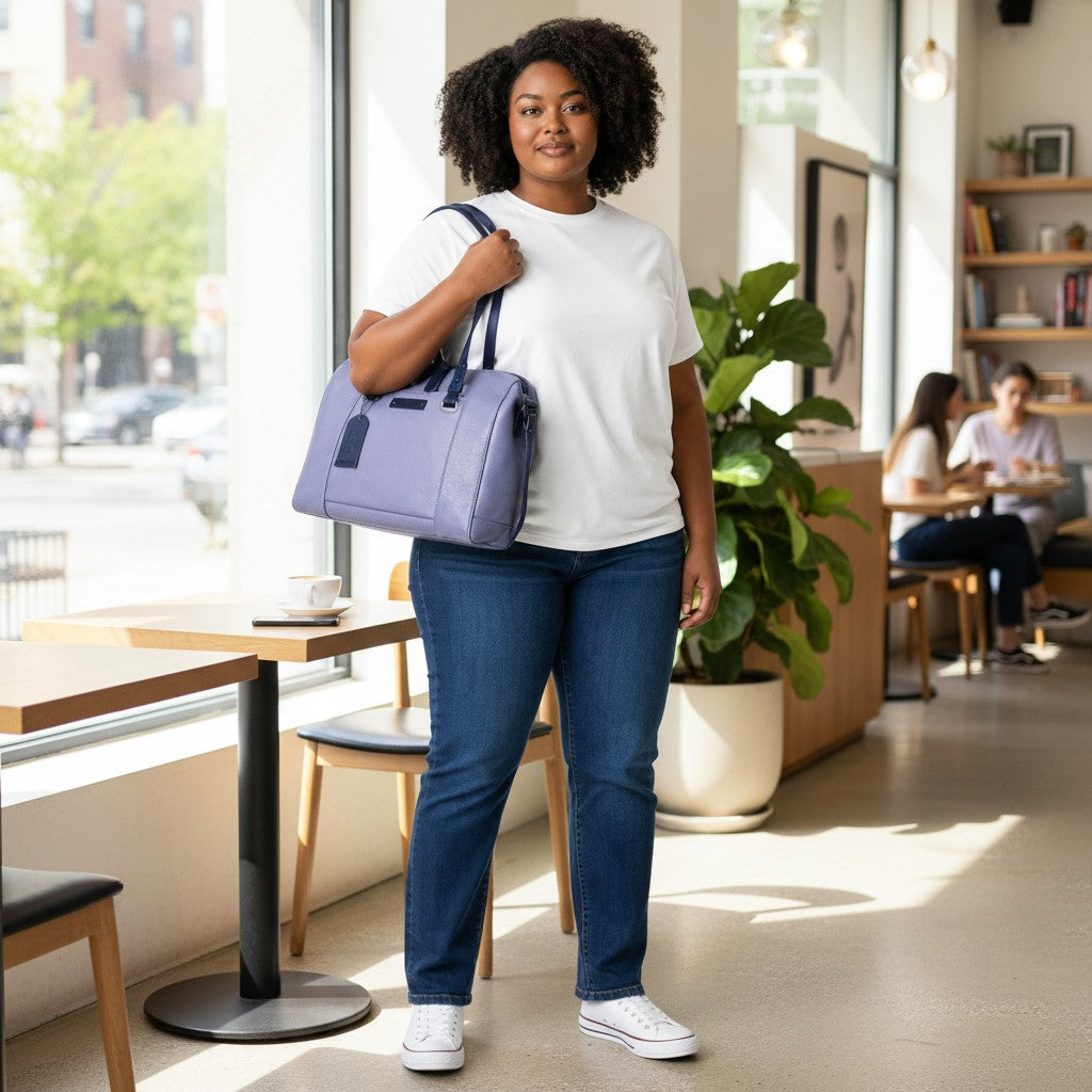 Chris Louis Large Satchel Bag in light purple leather with navy blue accents and handles, worn by a woman.