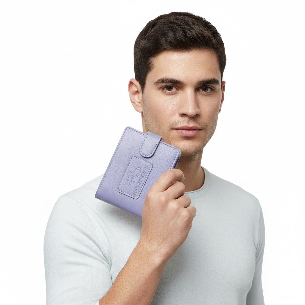 Chris Louis lavender leather bifold wallet with snap closure and contrast stitching.