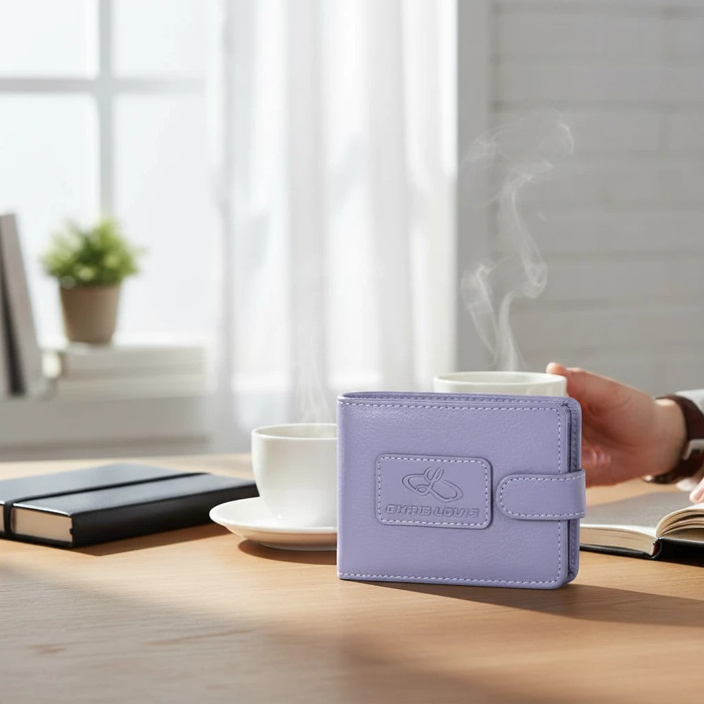 Chris Louis lavender leather bifold wallet with snap closure and debossed logo. Features RFID blocking and coin pocket.