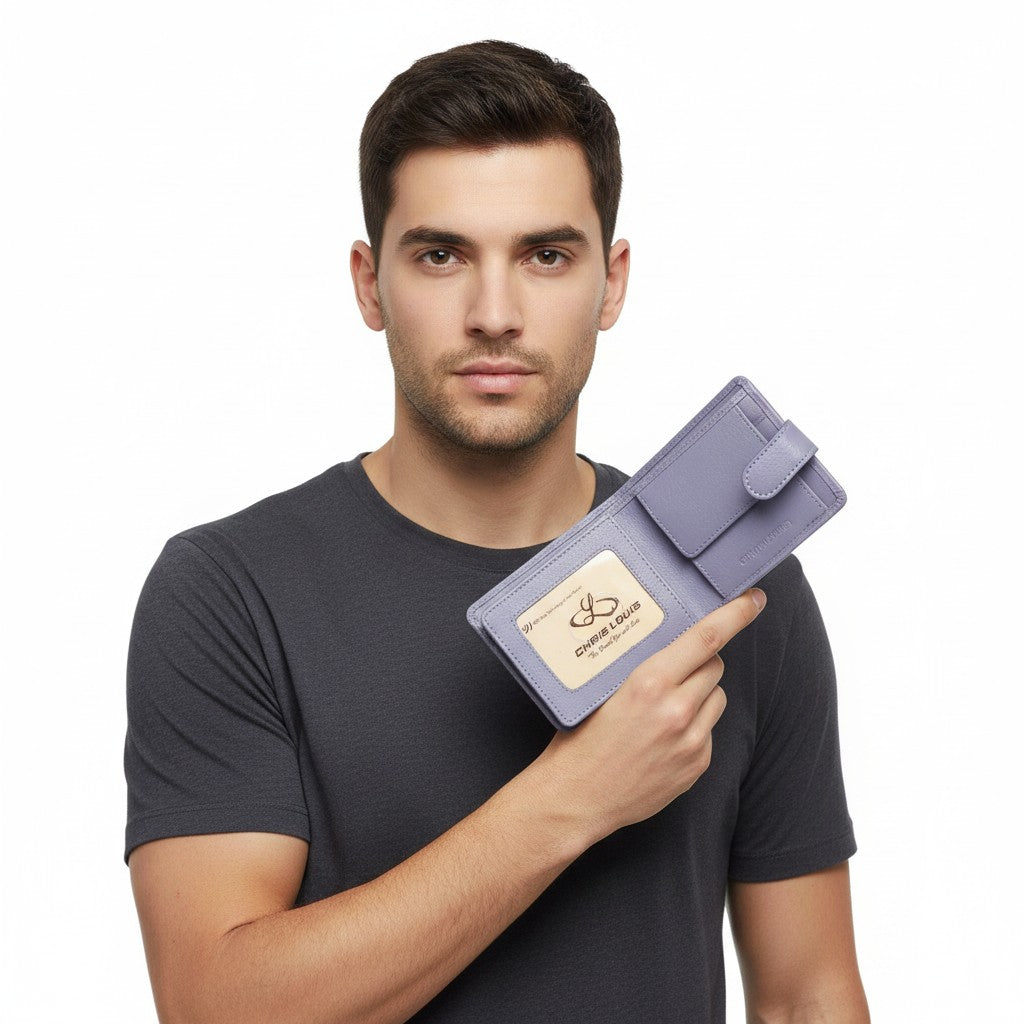 Chris Louis lavender leather bifold wallet with snap closure, ID window, coin pocket, and RFID blocking.