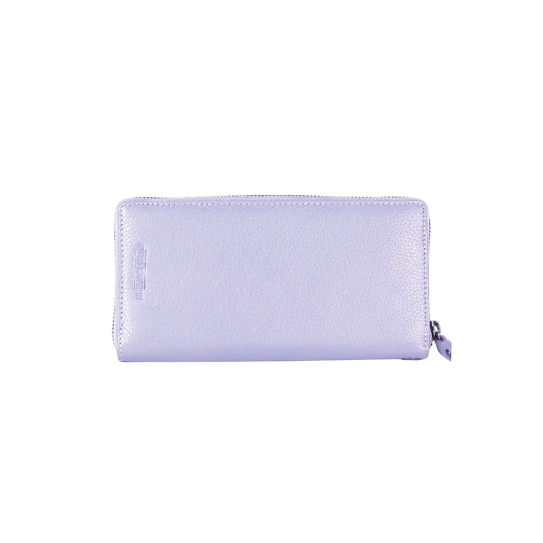 Chris Louis lavender zip-around genuine leather wallet with 26 card slots, ID window, and coin zipper.