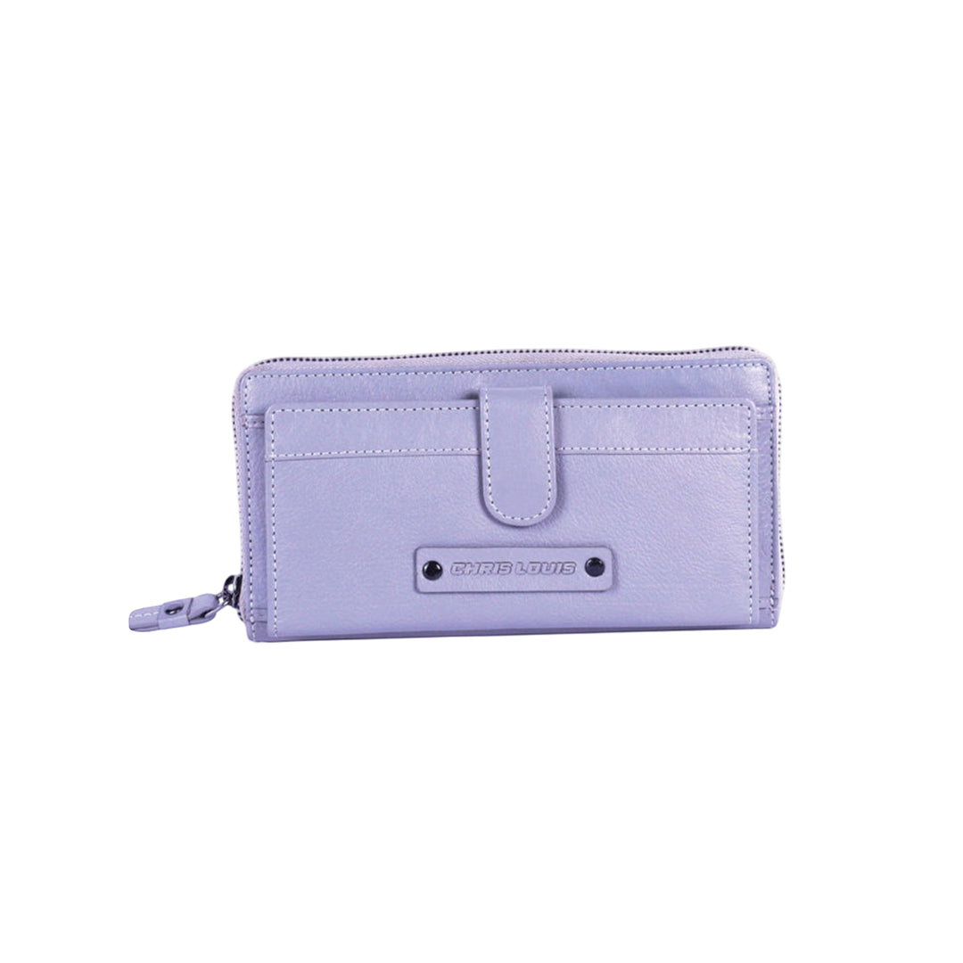 Chris Louis lavender genuine leather zip-around clutch wallet with snap closure, 26 card slots, and RFID protection.