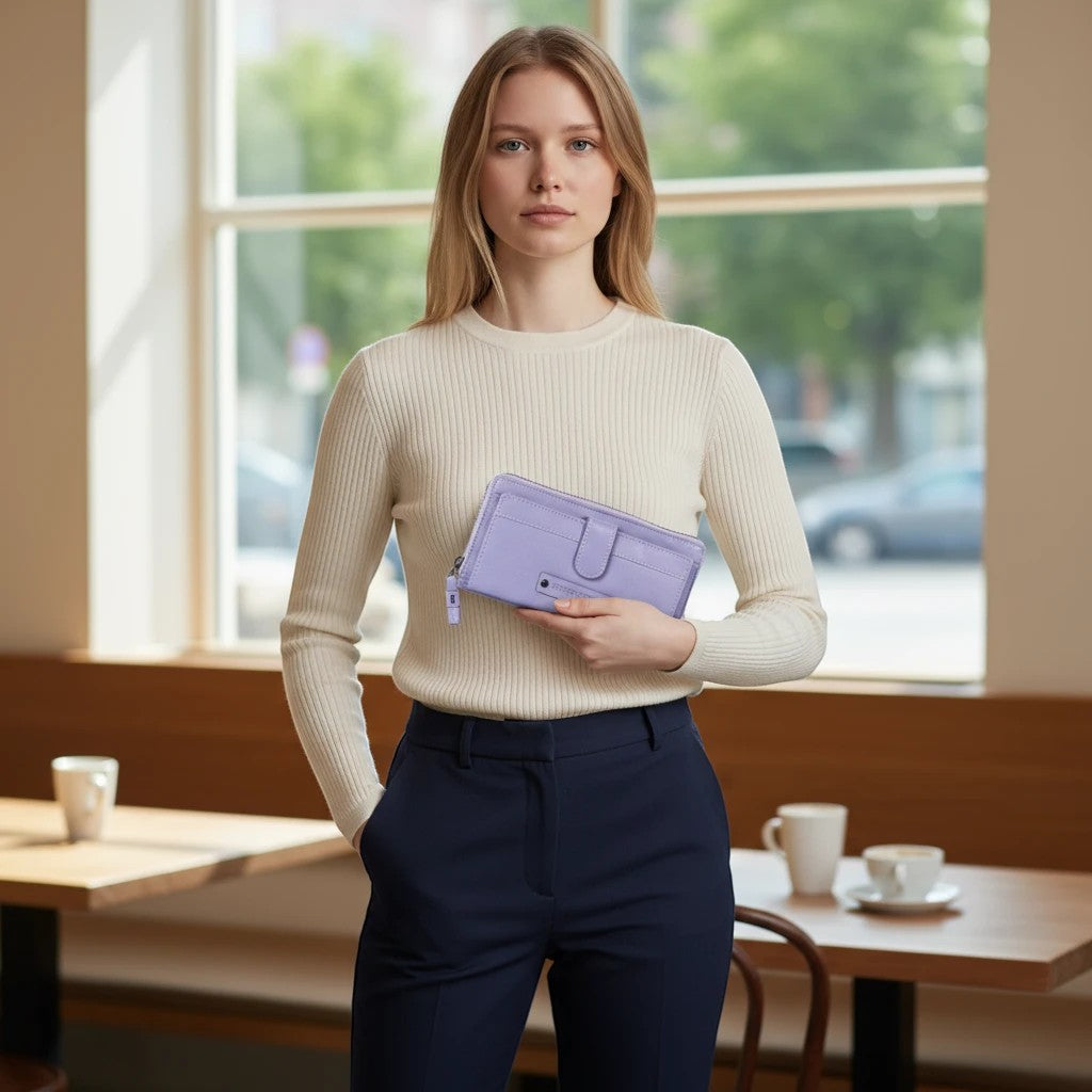 Chris Louis lavender leather zip around wallet organizer with snap pocket and RFID blocking.