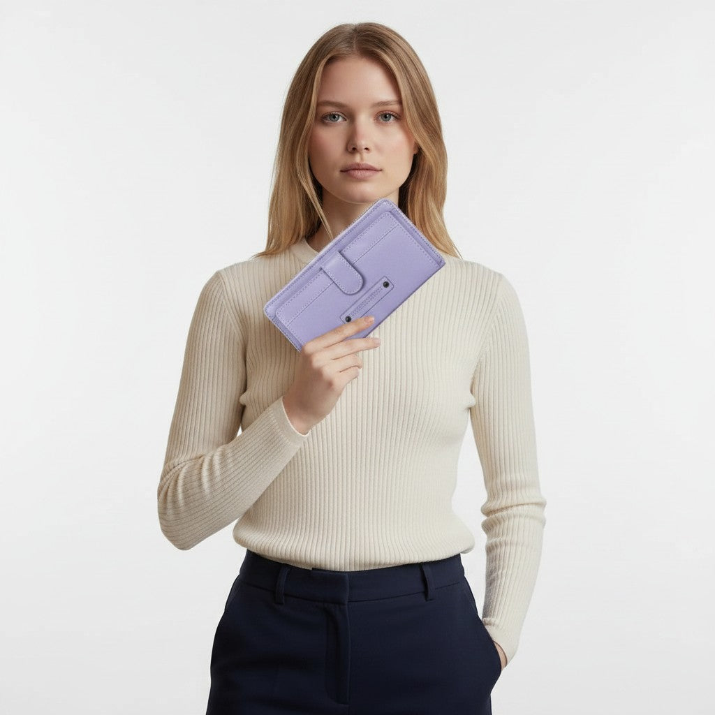 Chris Louis lavender leather zip around wallet organizer with snap pocket and RFID blocking