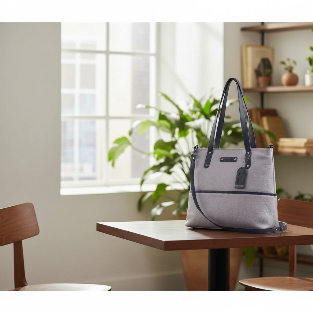 Chris Louis light lavender faux leather tote bag with navy trim and straps, zip-top closure, and exterior pocket.