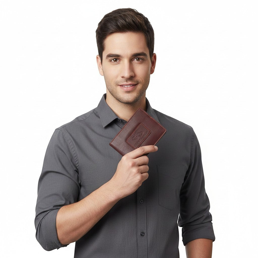 Chris Louis Genuine Leather Bifold Wallet in deep brown with orange stitching and embossed logo. Slim profile with card slots and RFID blocking.