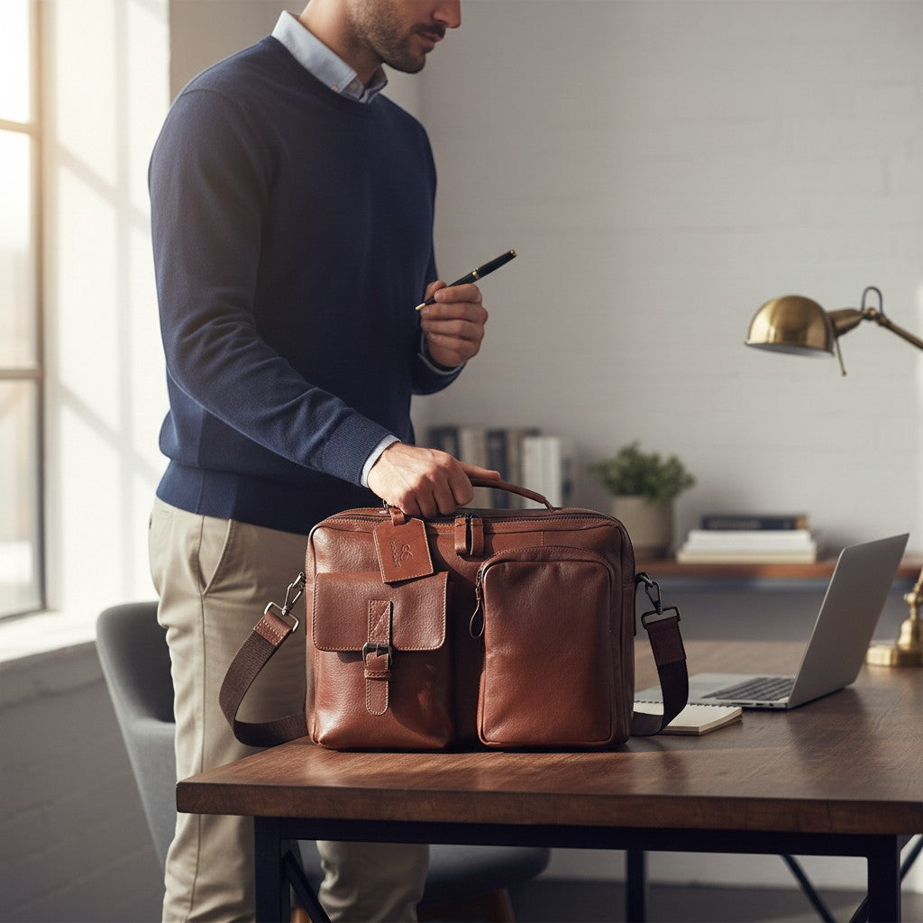 Chris Louis genuine leather briefcase messenger bag in chestnut brown with buckle flap pocket and zippered pocket.