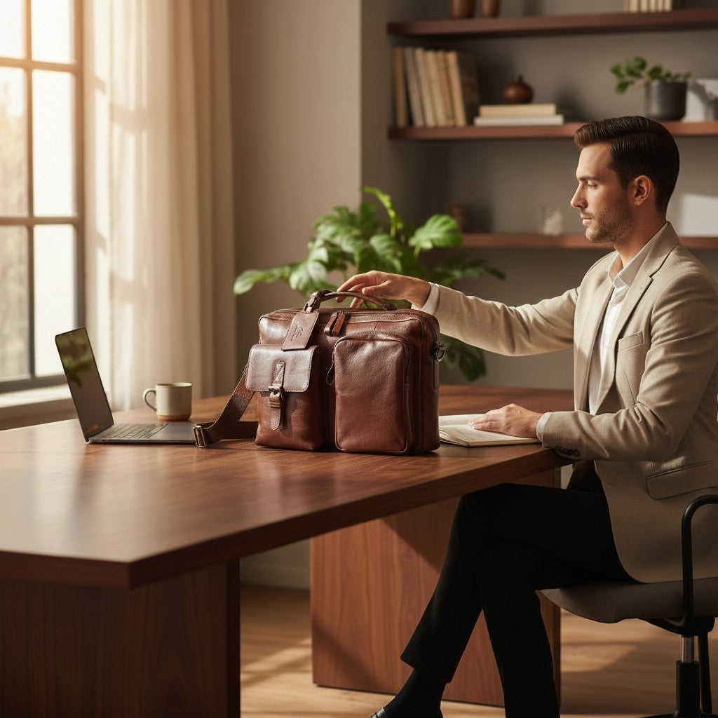 Chris Louis genuine leather briefcase messenger bag in chestnut brown with buckle flap and exterior pockets.
