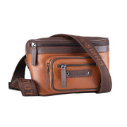 Chris Louis tan and brown full grain leather unisex pouch/bum bag with multiple zipper compartments and branded strap.