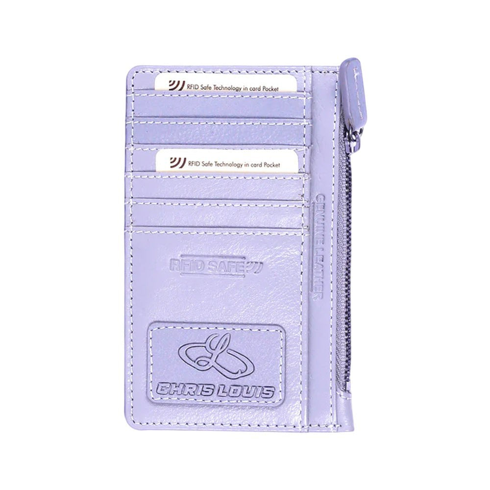 Chris Louis lavender genuine leather card case with RFID protection, 6 card slots, ID window, slip pocket, and zipper coin compartment.