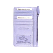 Chris Louis lavender genuine leather card case with RFID protection, 6 card slots, ID window, slip pocket, and zipper coin compartment.