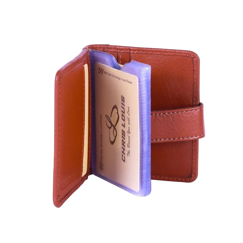 Chris Louis genuine leather card holder in warm brown, bifold design with snap closure and multiple clear sleeves for up to 20 cards.