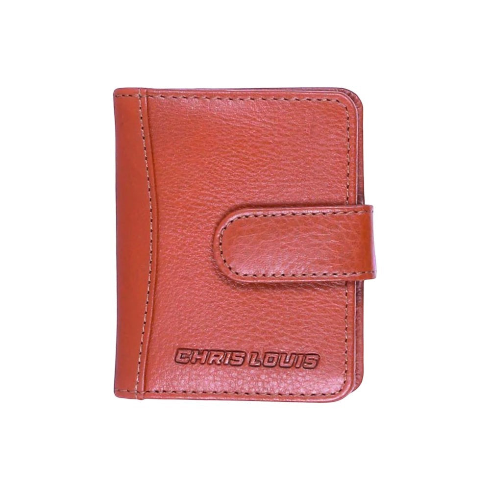 Chris Louis genuine leather card holder in warm brown with snap closure and embossed logo. Holds up to 20 cards.