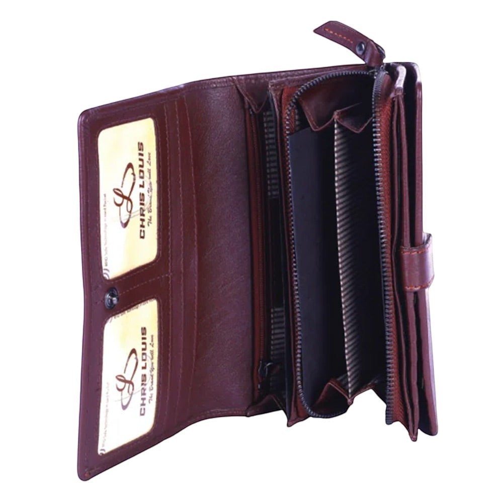Chris Louis deep brown genuine leather clutch wallet with multiple card slots and zippered compartments.