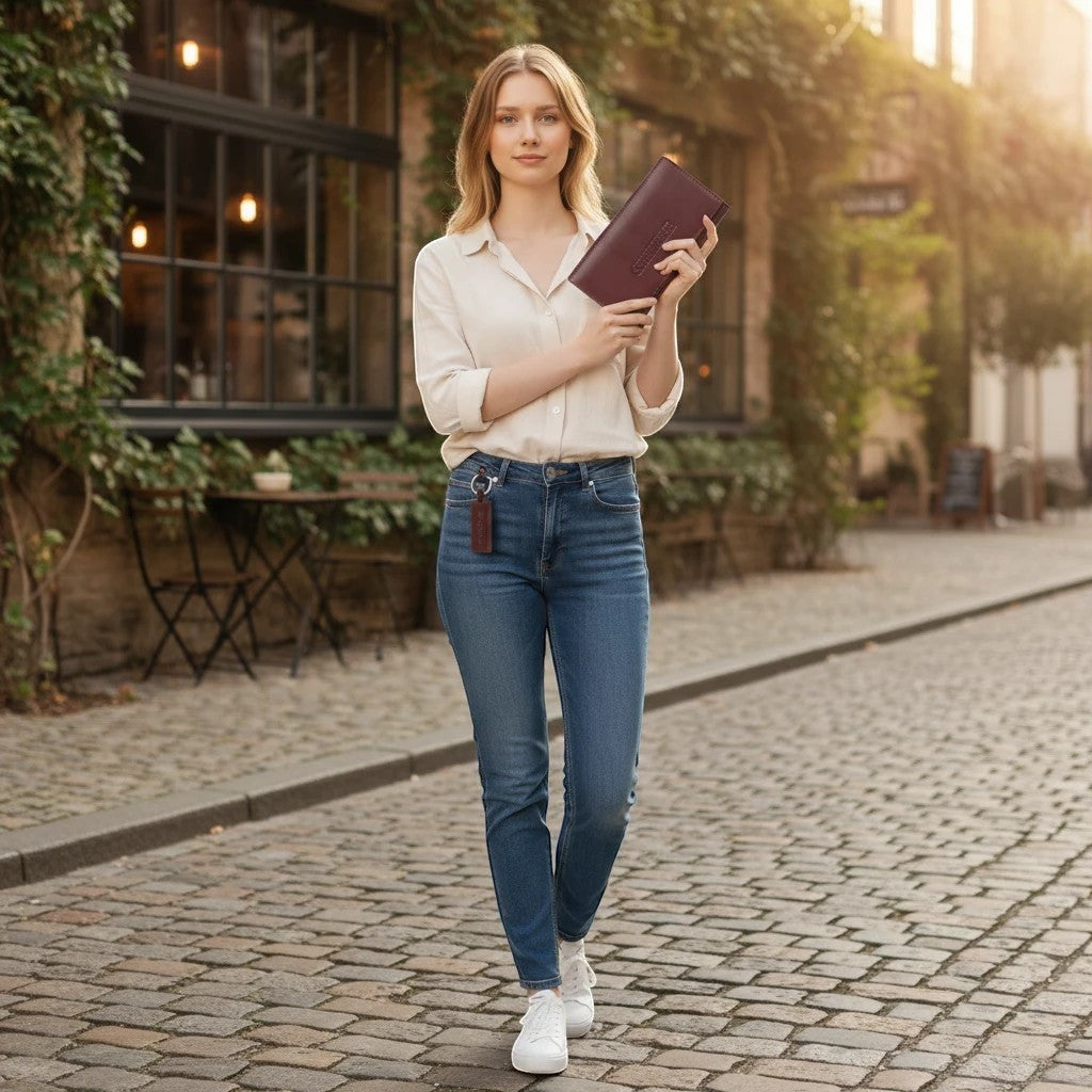 Chris Louis deep brown leather clutch wallet with embossed logo and wrist strap, held by a woman in jeans.