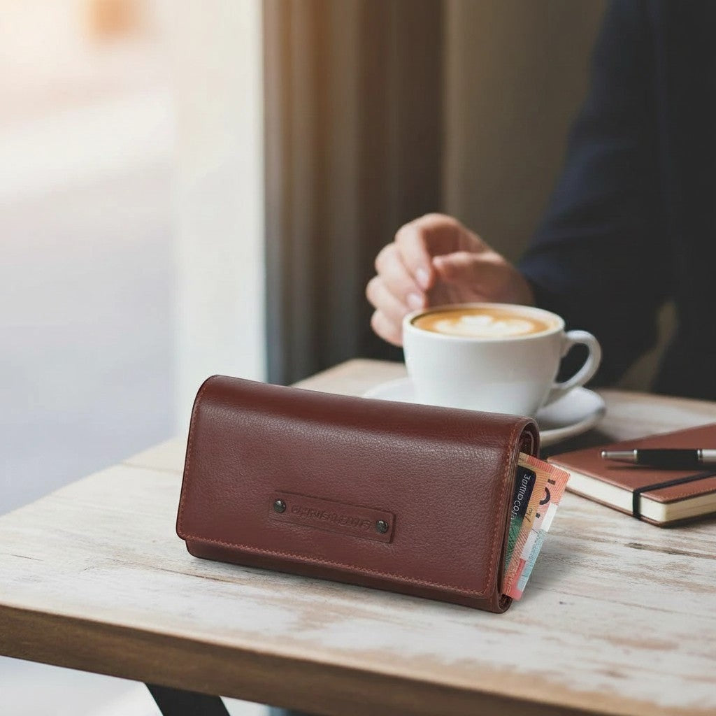 Chris Louis deep brown genuine leather clutch wallet with embossed logo and wrist strap, perfect for everyday style.