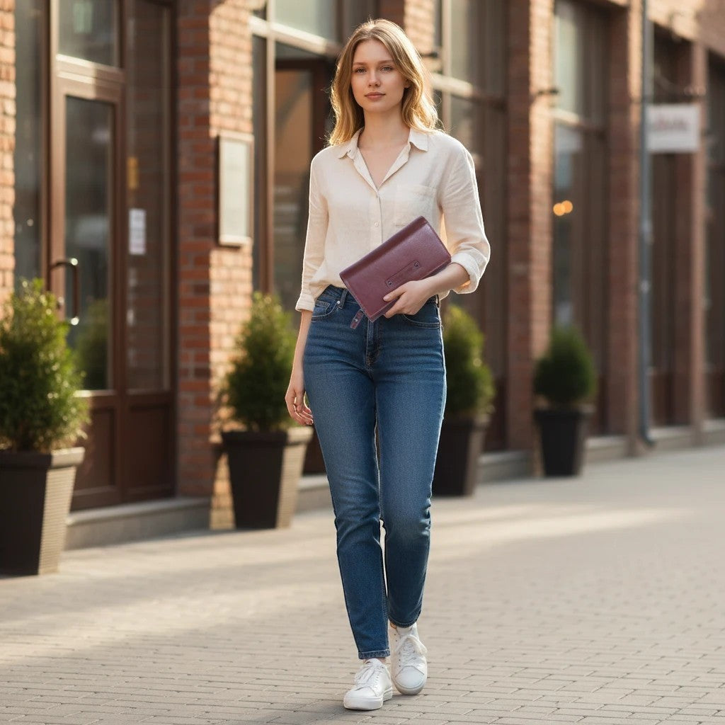 Chris Louis deep brown leather clutch wallet with embossed logo and wrist strap, held by a woman in jeans and a cream shirt.