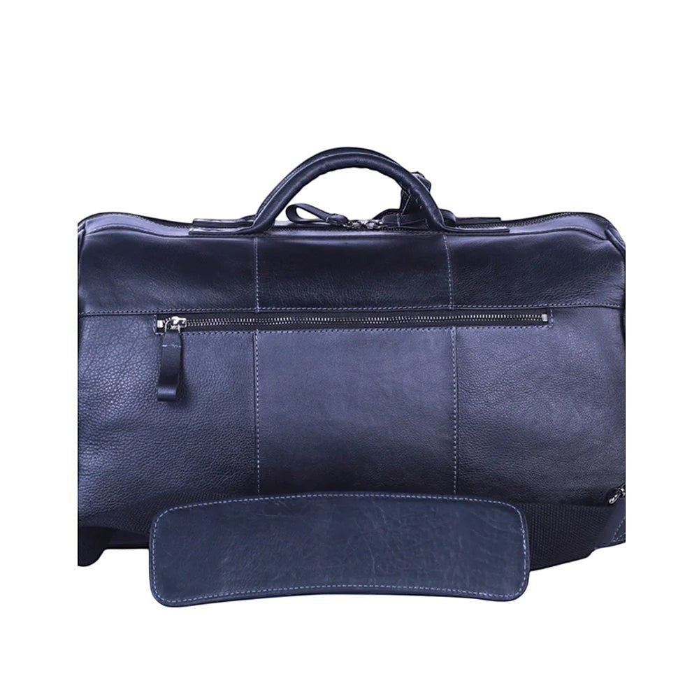 Chris Louis navy genuine leather weekend travel bag with top handles and front zipper.