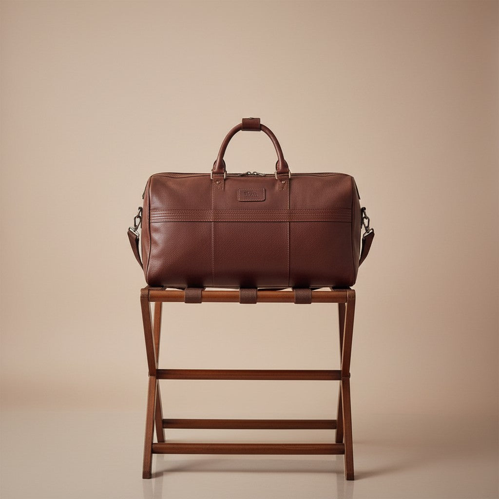 Chris Louis genuine leather duffle bag in warm brown, featuring a spacious main compartment and exterior zip pocket. Includes top handles and detachable shoulder strap.