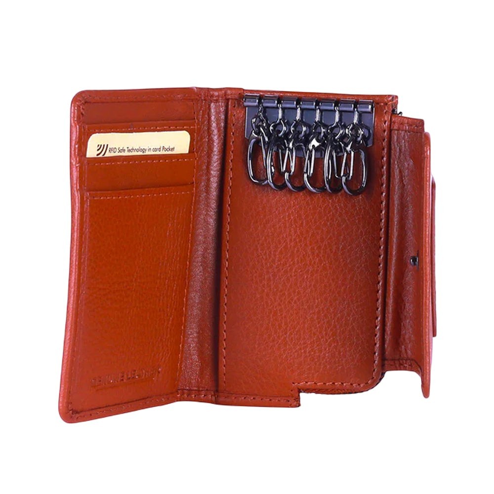 Chris Louis orange genuine leather bifold key holder wallet with card slots and RFID protection.