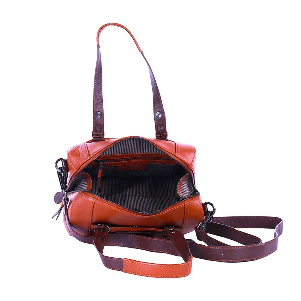 Chris Louis tan/brown leather satchel bag with top handle and detachable shoulder strap.