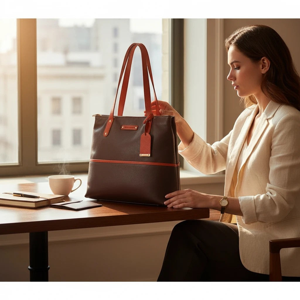 Chris Louis brown leather tote bag with orange straps and gold hardware, a woman in a cream blazer is holding it.