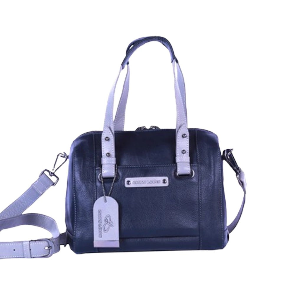 Chris Louis Leone Satchel Bag in black and grey genuine leather with top handles and detachable shoulder strap.