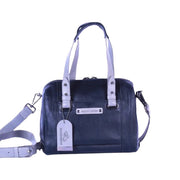 Chris Louis Leone Satchel Bag in black and grey genuine leather with top handles and detachable shoulder strap.
