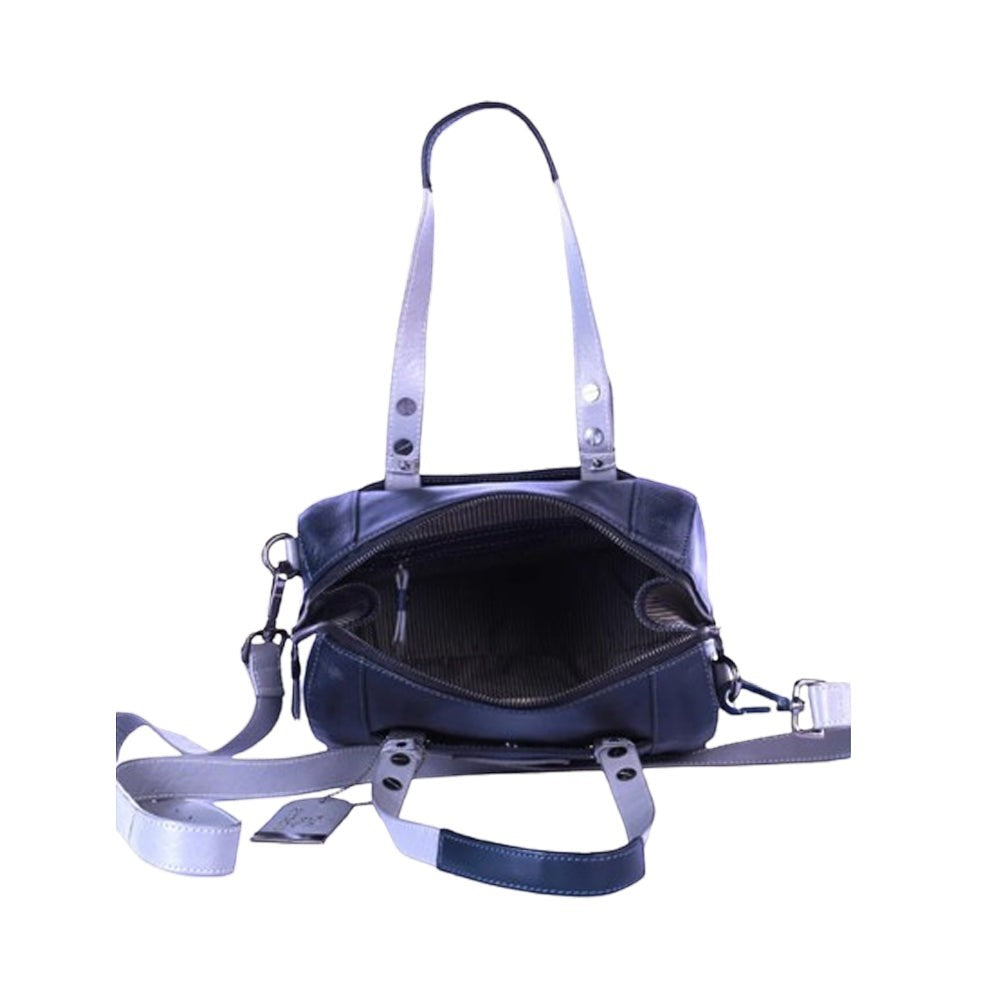 Chris Louis Leone Satchel Bag in grey/black genuine leather with top handle and detachable shoulder strap.
