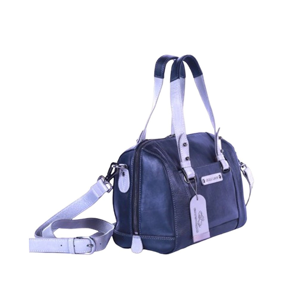 Chris Louis Leone Satchel Bag in navy blue and grey genuine leather with top handles and detachable shoulder strap.