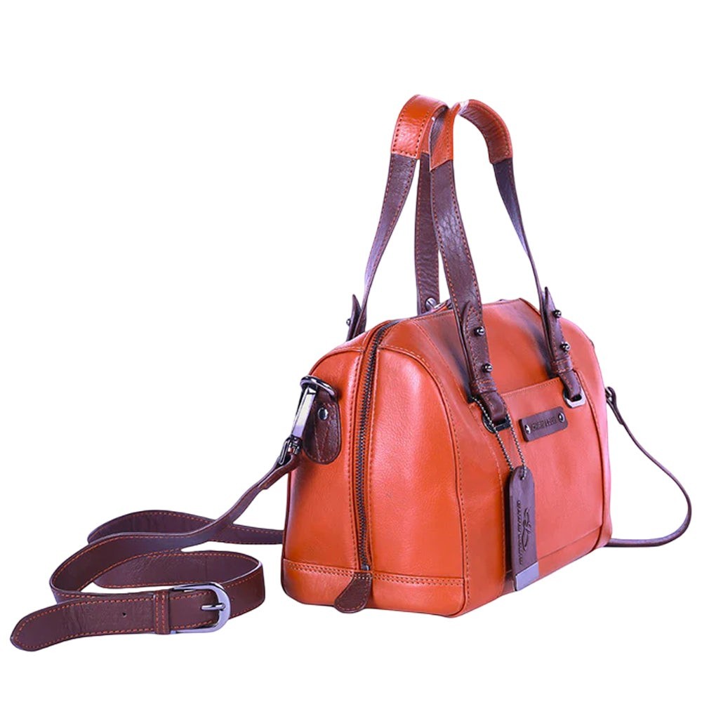 Chris Louis Leone Satchel Bag in tan/brown genuine veg-tan hide leather with top handle and detachable strap.