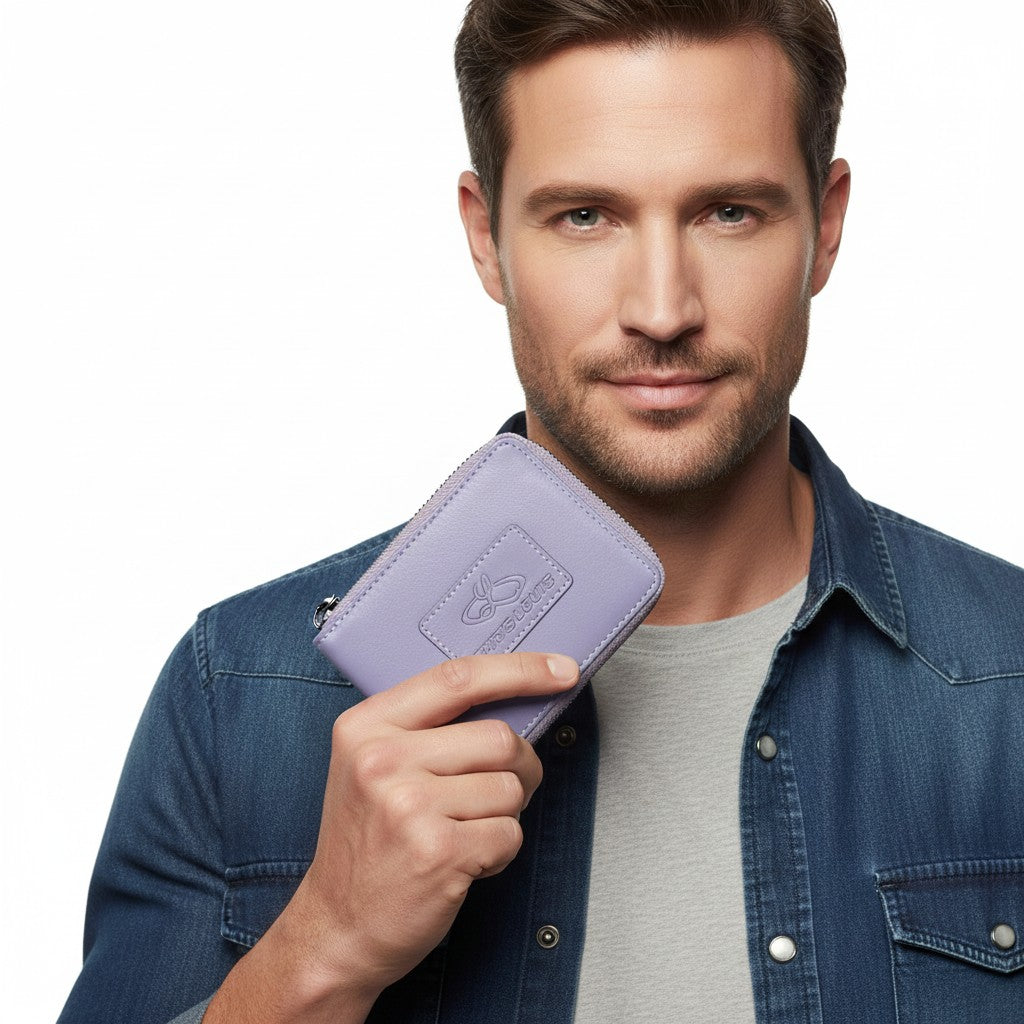 Chris Louis light purple leather zip-around wallet with RFID blocking and ID window.