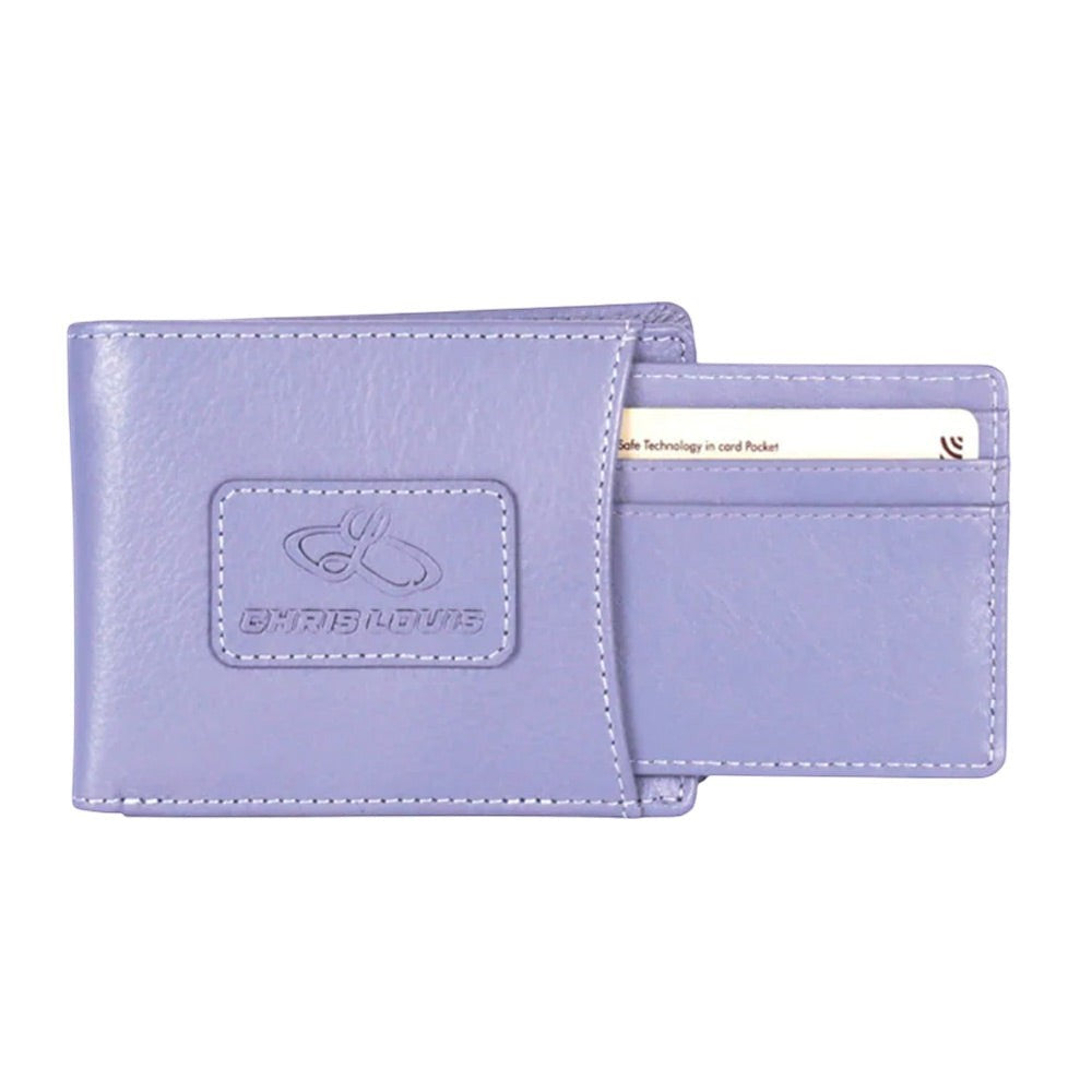 Chris Louis lilac leather bi-fold wallet with removable card holder and RFID protection.