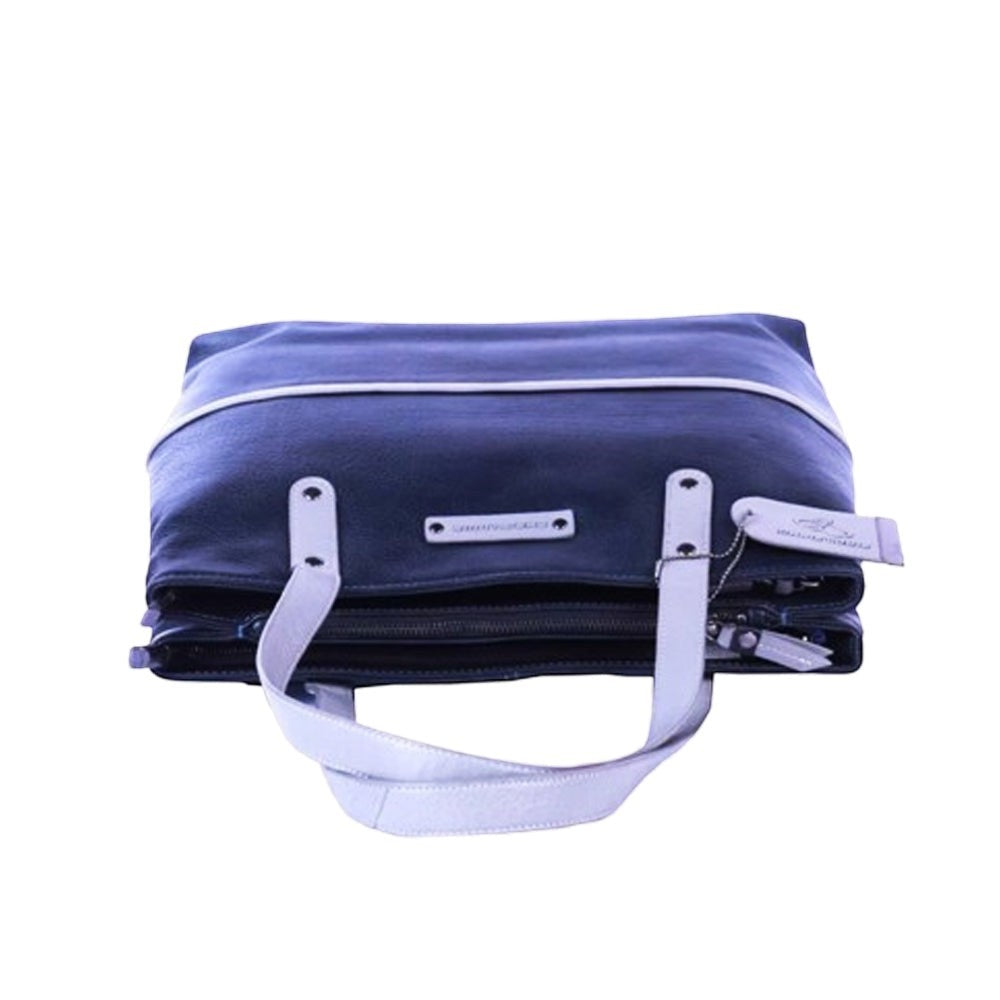 Chris Louis Meknes Tote Bag in black and grey genuine leather with top handles and multiple zipper compartments.