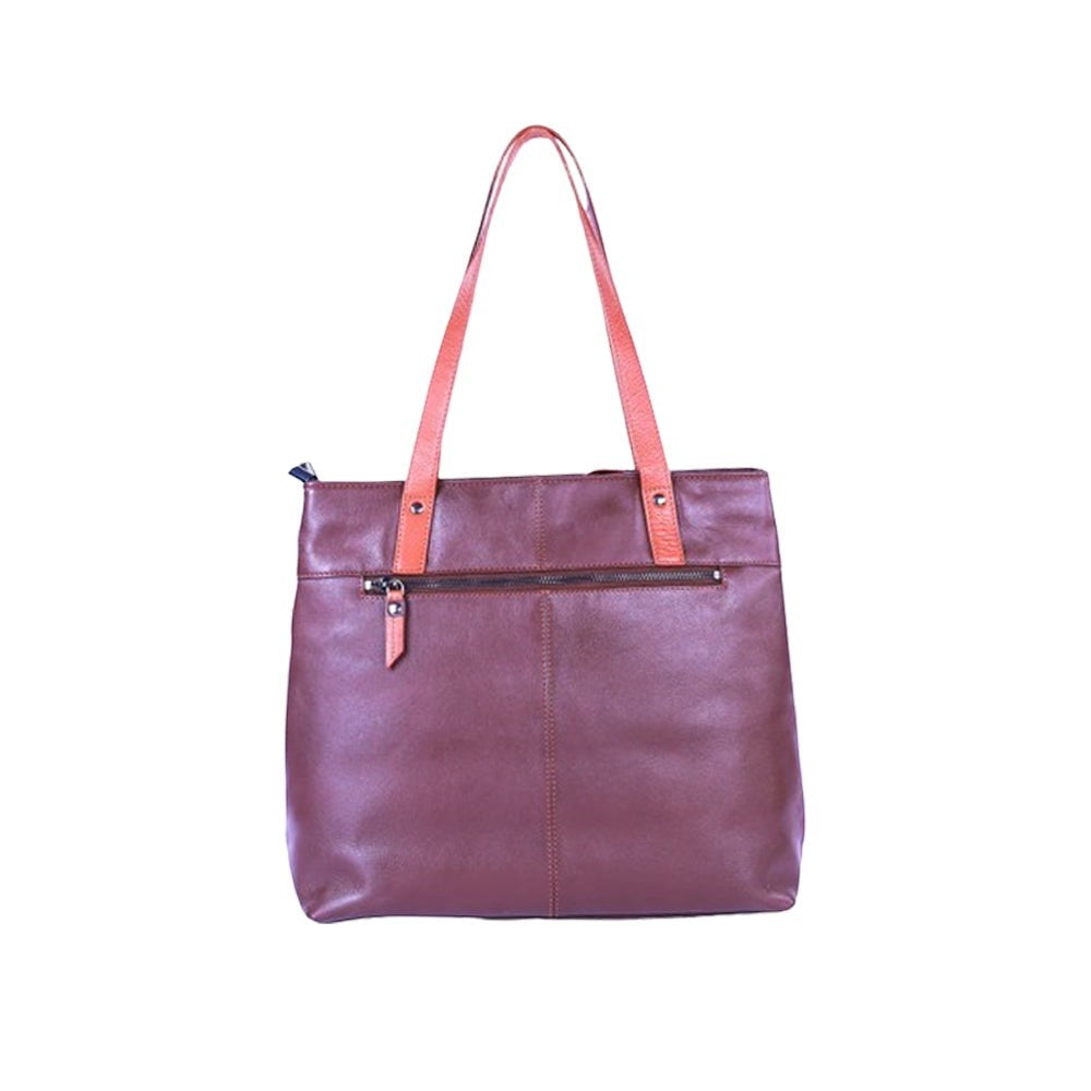 Chris Louis Meknes tote bag in brown genuine leather with tan top handles and multiple zipper compartments.