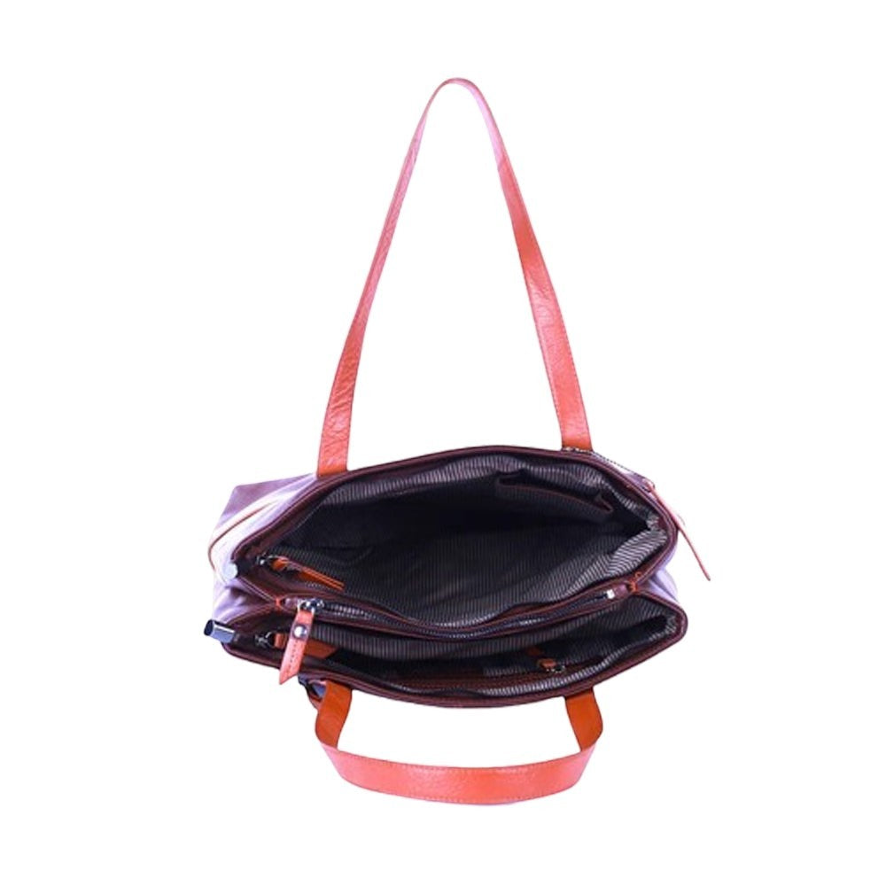 Chris Louis Meknes Tote Bag in brown and tan genuine leather with top handles and multiple compartments.