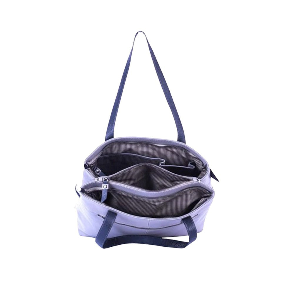 Chris Louis Meknes Tote Bag in grey/black genuine leather with top handles and multiple compartments.