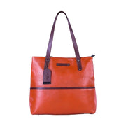 Chris Louis Meknes tote bag in tan/brown genuine leather with top handles and metal hardware. Features three zipper compartments.