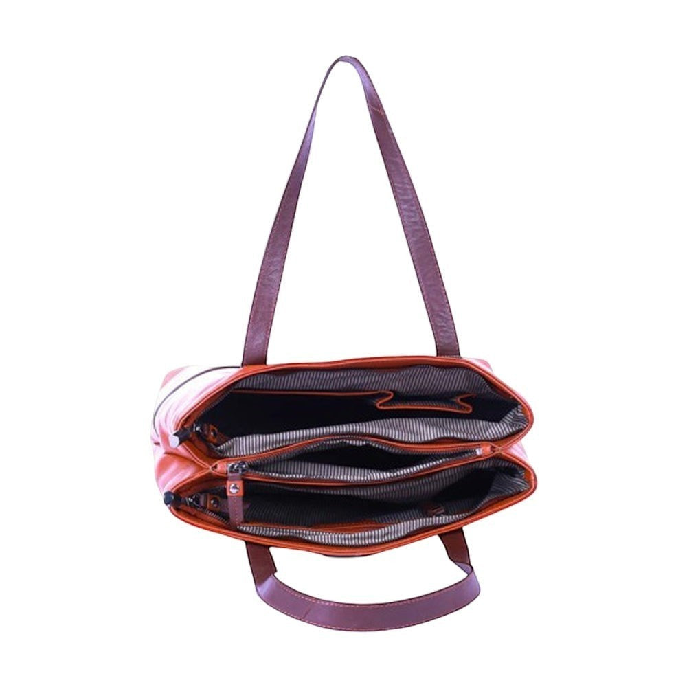 Chris Louis Meknes Tote Bag in tan/brown genuine leather with top handles and multiple zipper compartments.