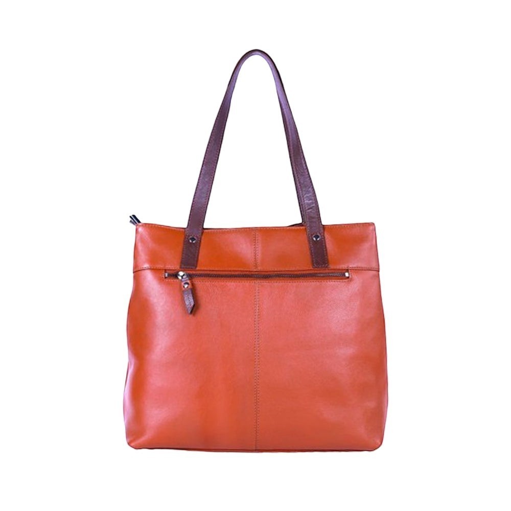 Chris Louis Meknes tote bag in tan/brown genuine leather with top handles and multiple zipper compartments.