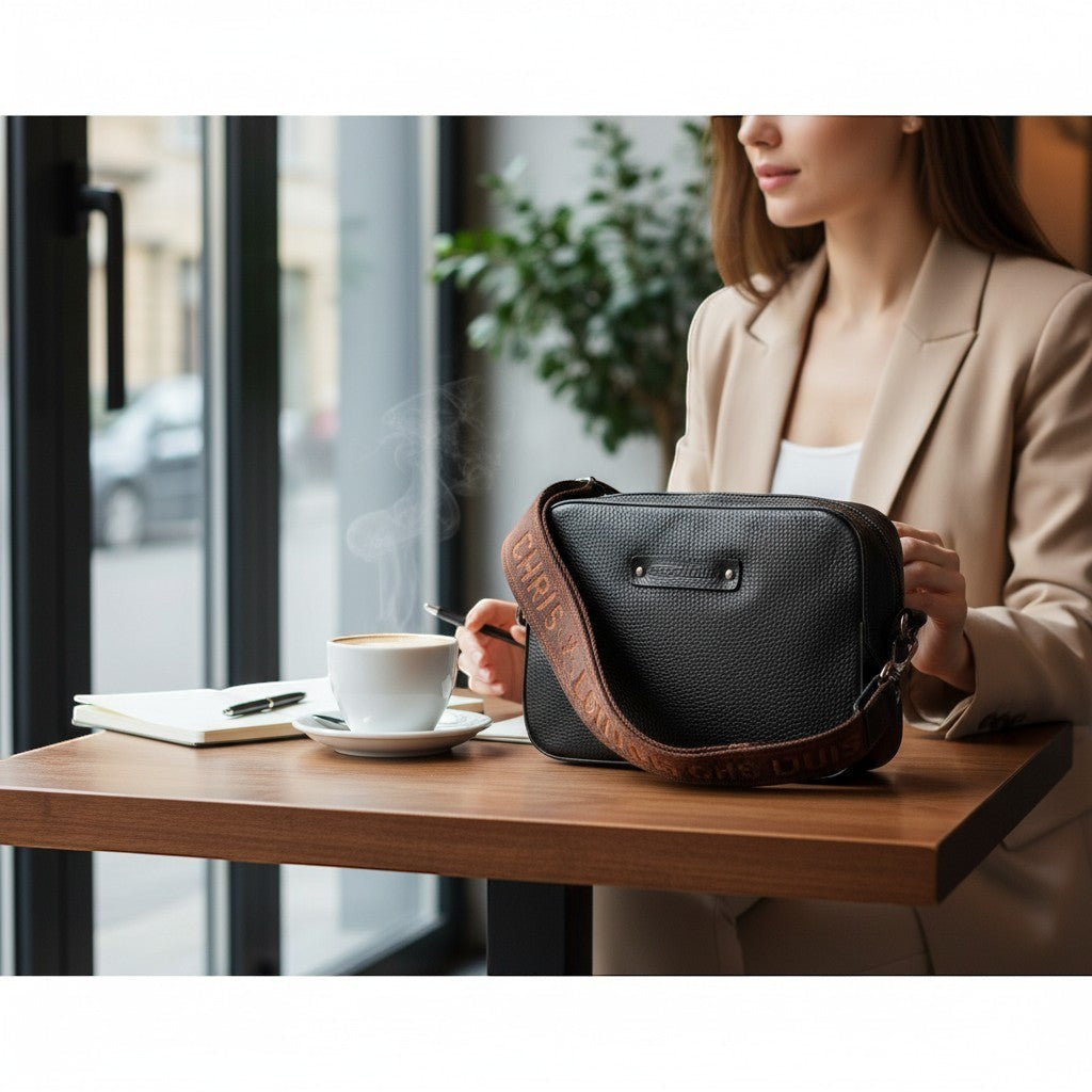 Chris Louis Moolicious black full grain leather sling bag with adjustable strap, metal hardware, and multiple zipper compartments.