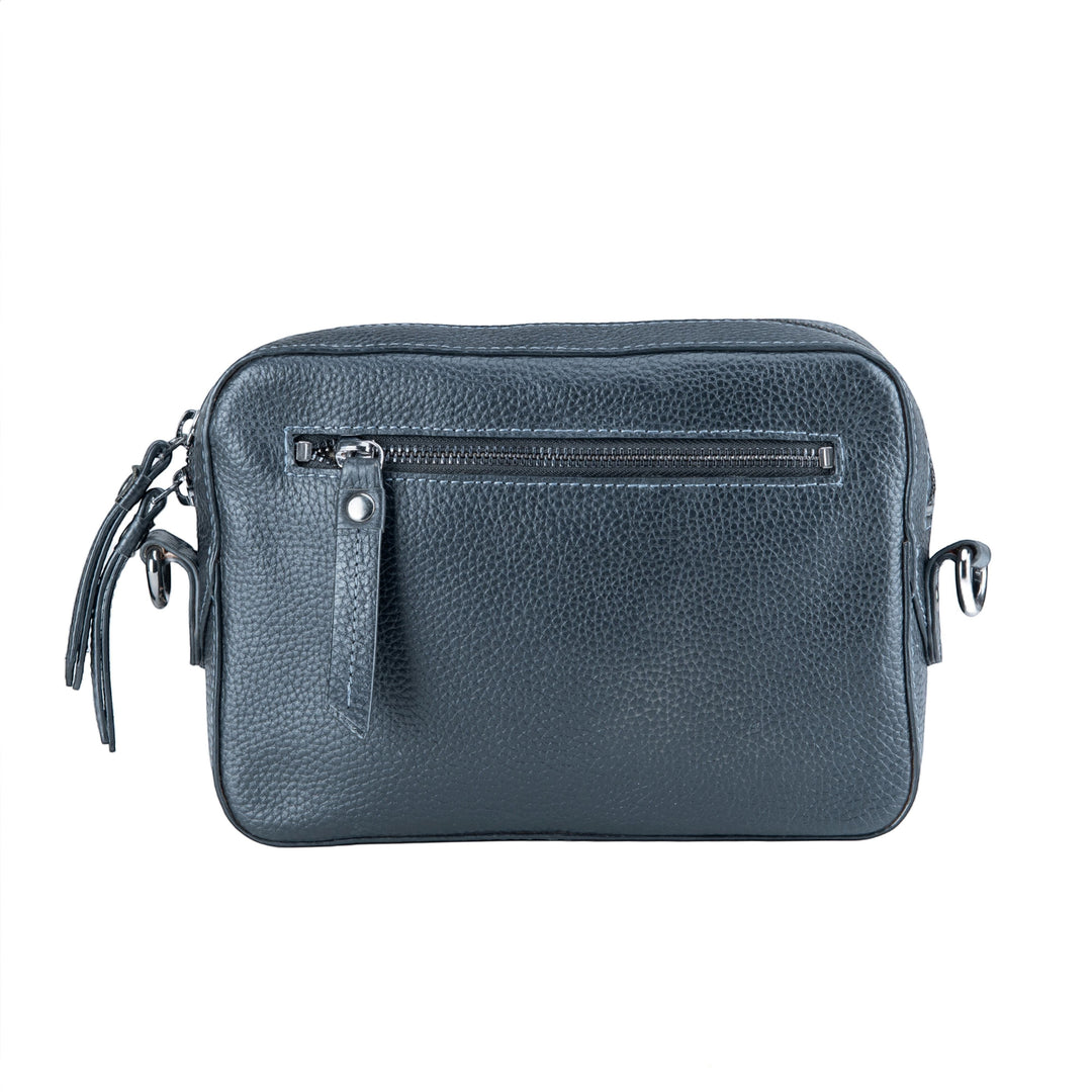 Chris Louis Moolicious black full grain genuine leather sling bag with zipper compartments and tassel detail.