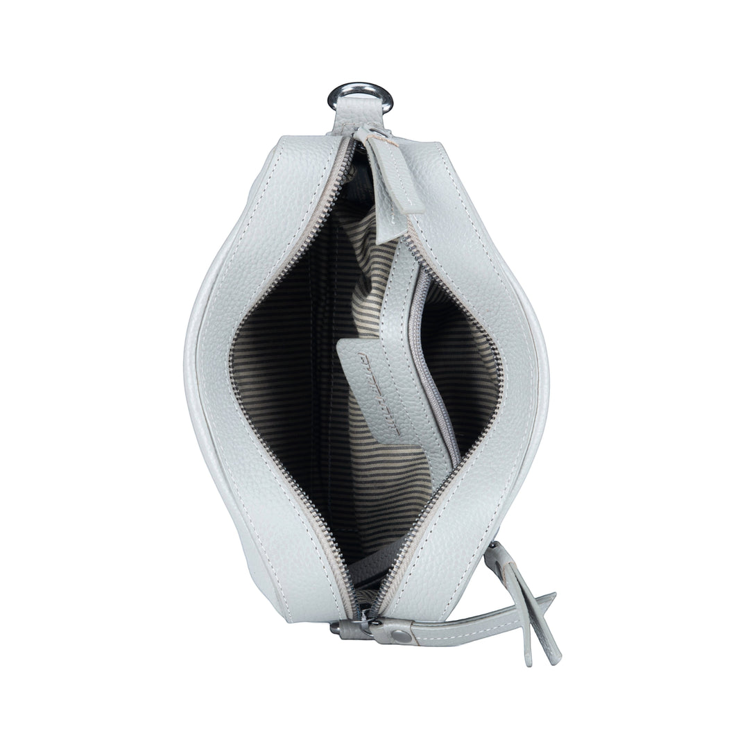 Chris Louis Moolicious grey full grain genuine hide leather sling bag with zippered compartments and striped lining.