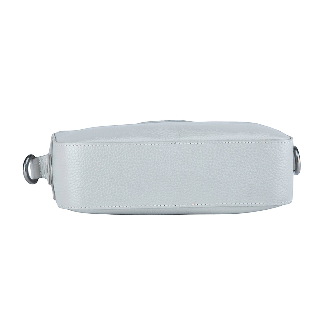 Chris Louis Moolicious grey full grain leather sling bag with metal hardware and adjustable strap.