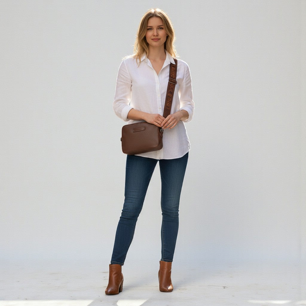 Chris Louis Moolicious brown full grain leather sling bag with webbed strap, worn by a woman on a cobblestone street.