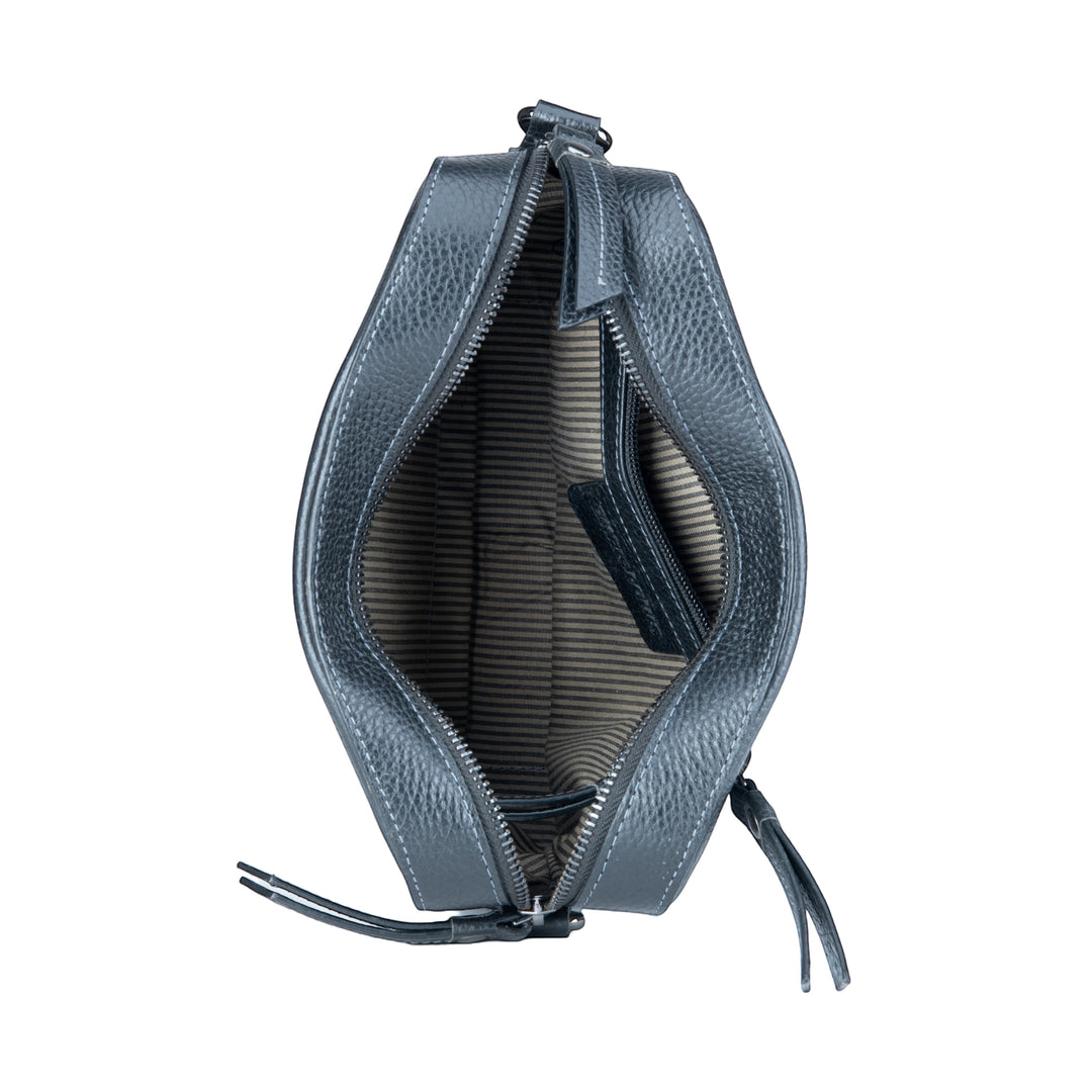 Chris Louis Moolicious Sling Bag in black full grain genuine leather with zippered compartments and striped lining.