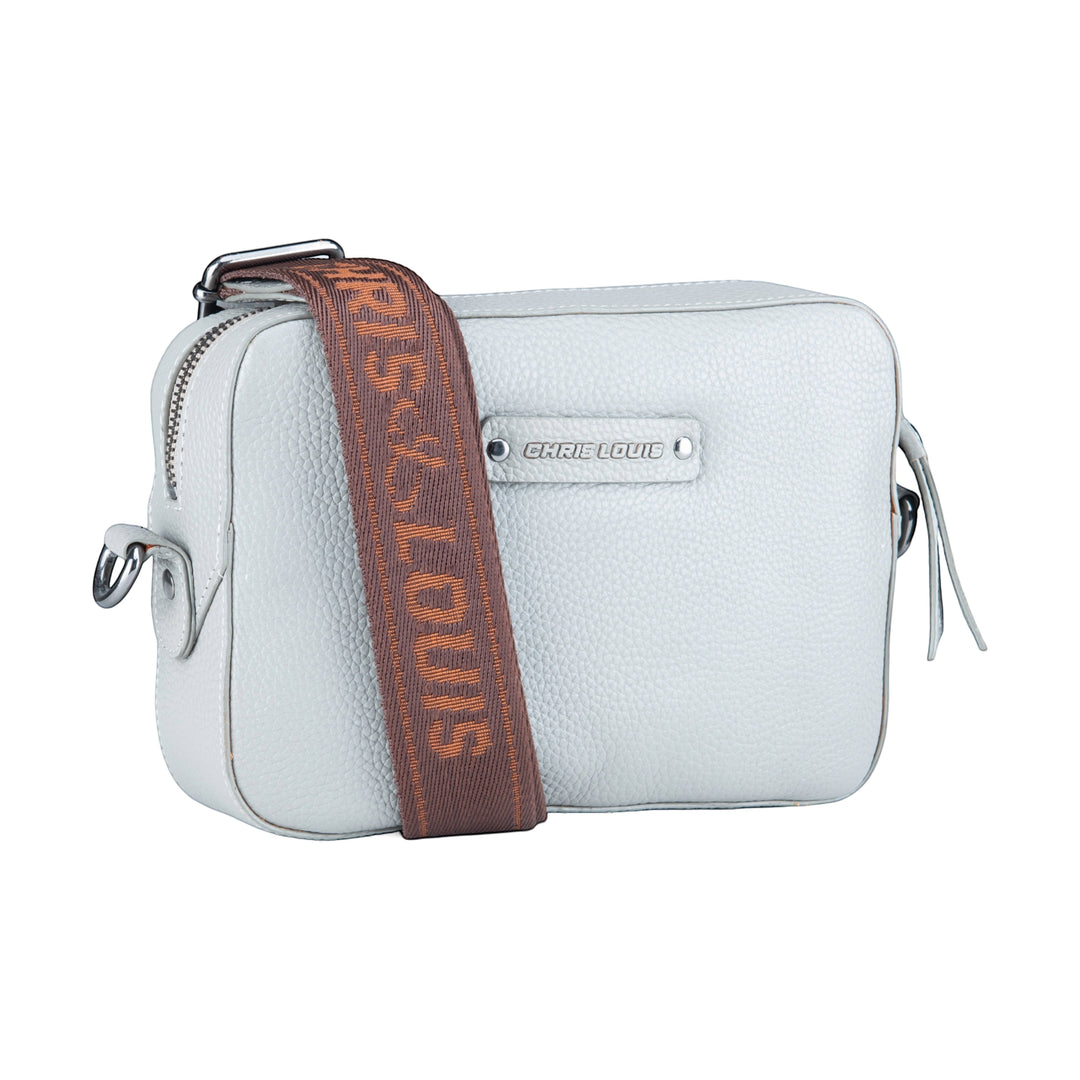 Chris Louis Moolicious Sling Bag in grey full grain genuine hide leather with signature webbed strap and metal hardware.