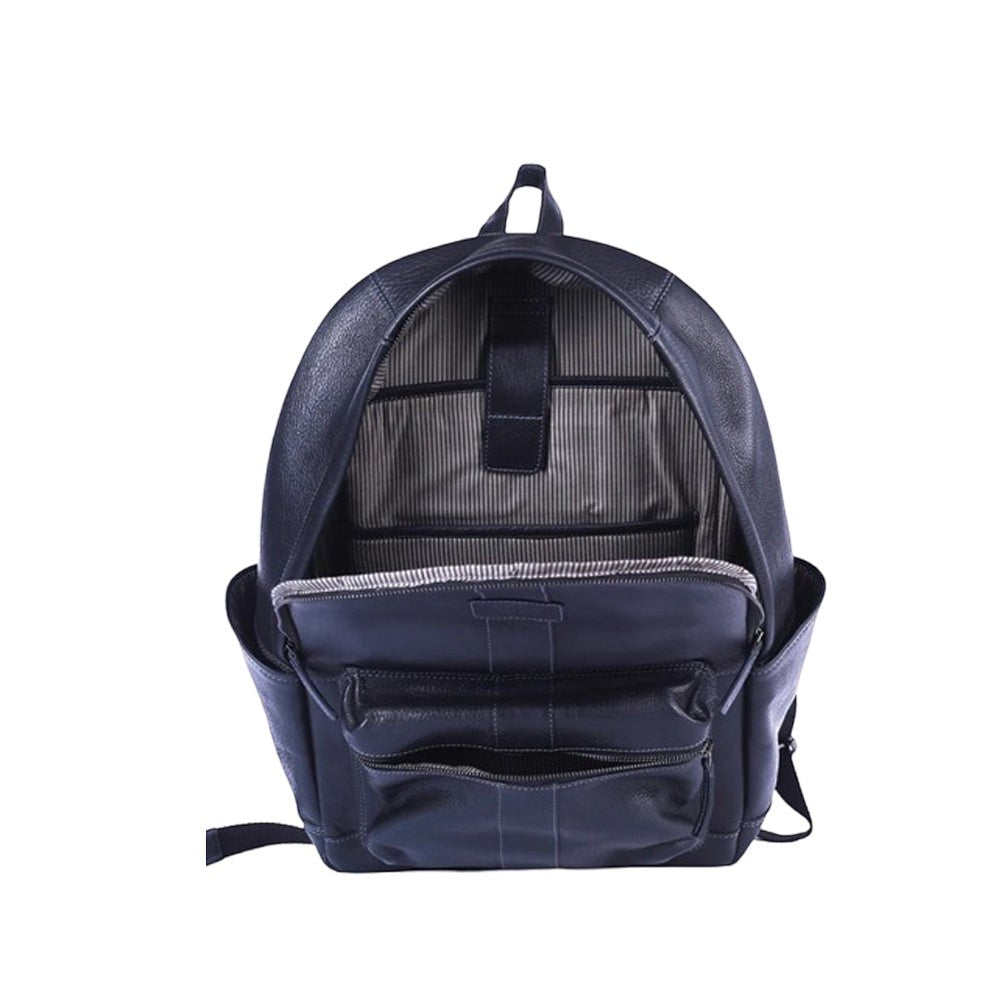 Chris Louis navy blue genuine leather backpack with multiple pockets and laptop compartment.